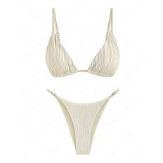 ZAFUL Damen-Bademode, Sexy, Einfarbig, Zweiteilig, Strukturiert, Verstellbar, Spaghettiträger, Dreieckig Gebundener Tanga-String-Bikini-Set Set