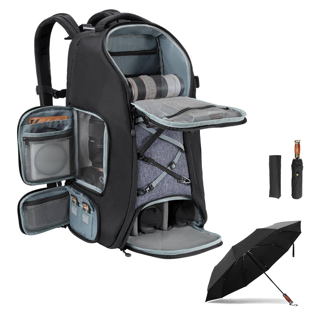 KENTFAITH Camera Backpack 30L Large Capacity Camera Bags with Windproof Umbrella for Photographers with Raincover Laptop Compartment Compatible for Canon/Nikon/Sony/DJI Mavic Drone Travel 30L Nature Wander 08 (Grey)