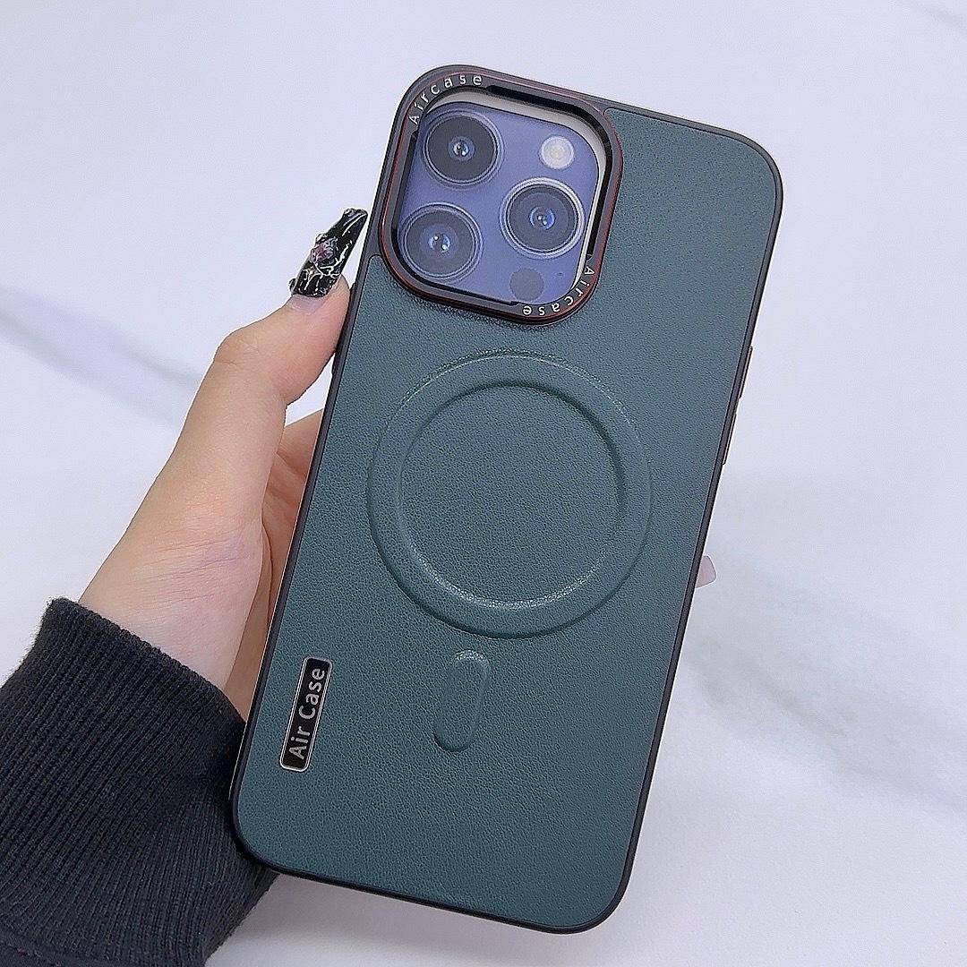 Plain Leather Magnetic Case Suitable for Apple IPhone 15 Phone Case High-end Leather 14promax Full Packaging Apple 15ProMax grön