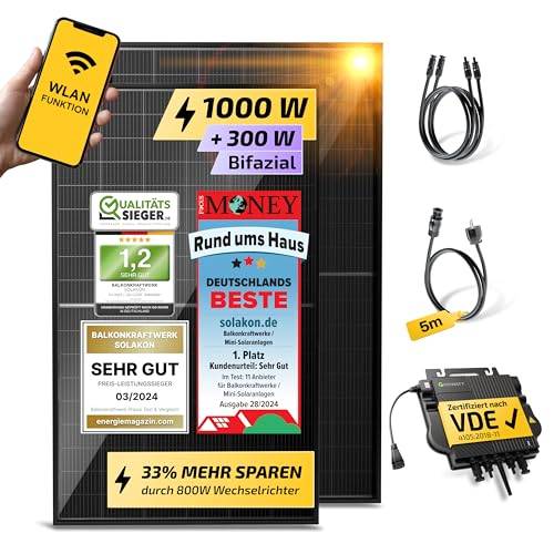 Solakon 1000W Balkonkraftwerk - Balkonkraftwerk 800W komplett Steckdose - neuester 800 Watt Wechselrichter - Solaranlage Komplettset, 500W bifaziale Solarmodule inkl Zubehör - 5m Kabel, Ohne Halterung