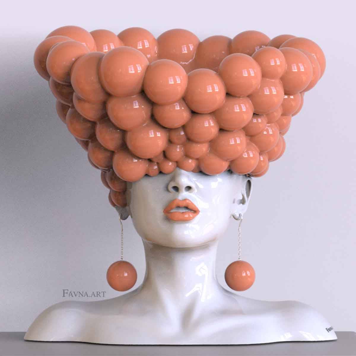 Female Bust Sculpture “Thoughts” – Peach - H: 41 cm | 16.5 ′′ (H: 41 cm | 16.5 ′′)