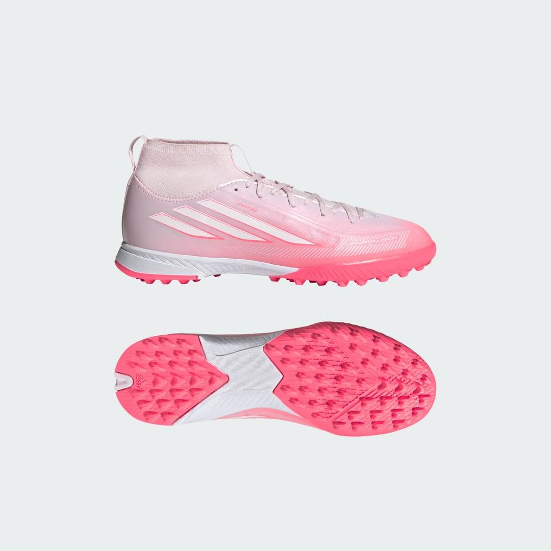 F50 Sparkfusion League Mid Cut Turf Fotbollsskor för barn - Solar Turbo / Cloud White / Distilled Pink - 30