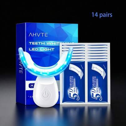 Tandblekningsaccelerator - LED-ljus (200mAh batteri), trådlöst blått ljus för bekväm användning, professionellt tandblekningsverktyg och tillbehör - Vitt (14 nya lila vitgörande remsor)