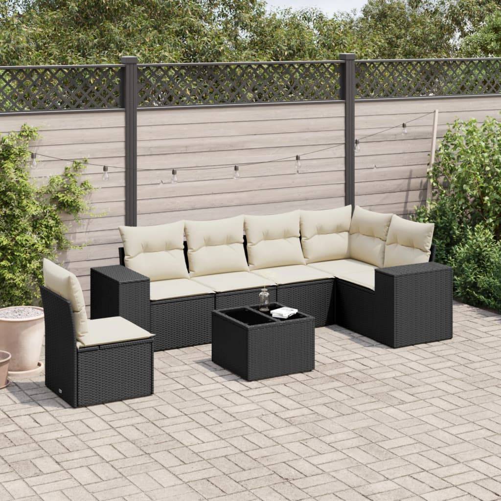 Sofasæt Til Haven 6 Dele Med Hynder Polyrattan - Sort og cremefarvet / Med bord