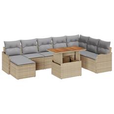 vidaXL 9 Delars Trädgårdsoffuppsättning med Kuddar Beige Poly Rattan Akacia, vidaXL 2-sits Trädgårdsoffa med Kuddar Beige Poly Rattan