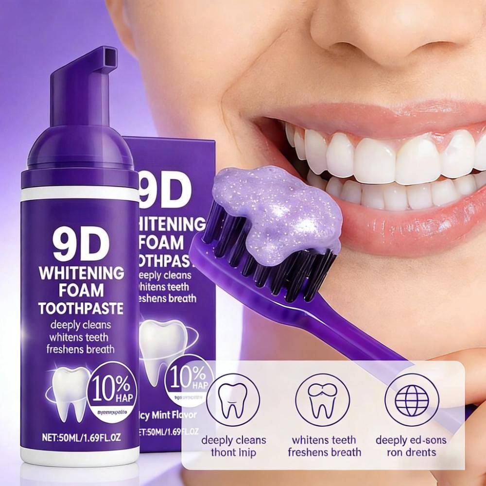 9D Lila Tandmousse VITGÖRANDE SKUMTANDKRÄM 10% Hydroxiapatit Fräsch Andedräkt Resa Tandblekning Fläckborttagning Munvård