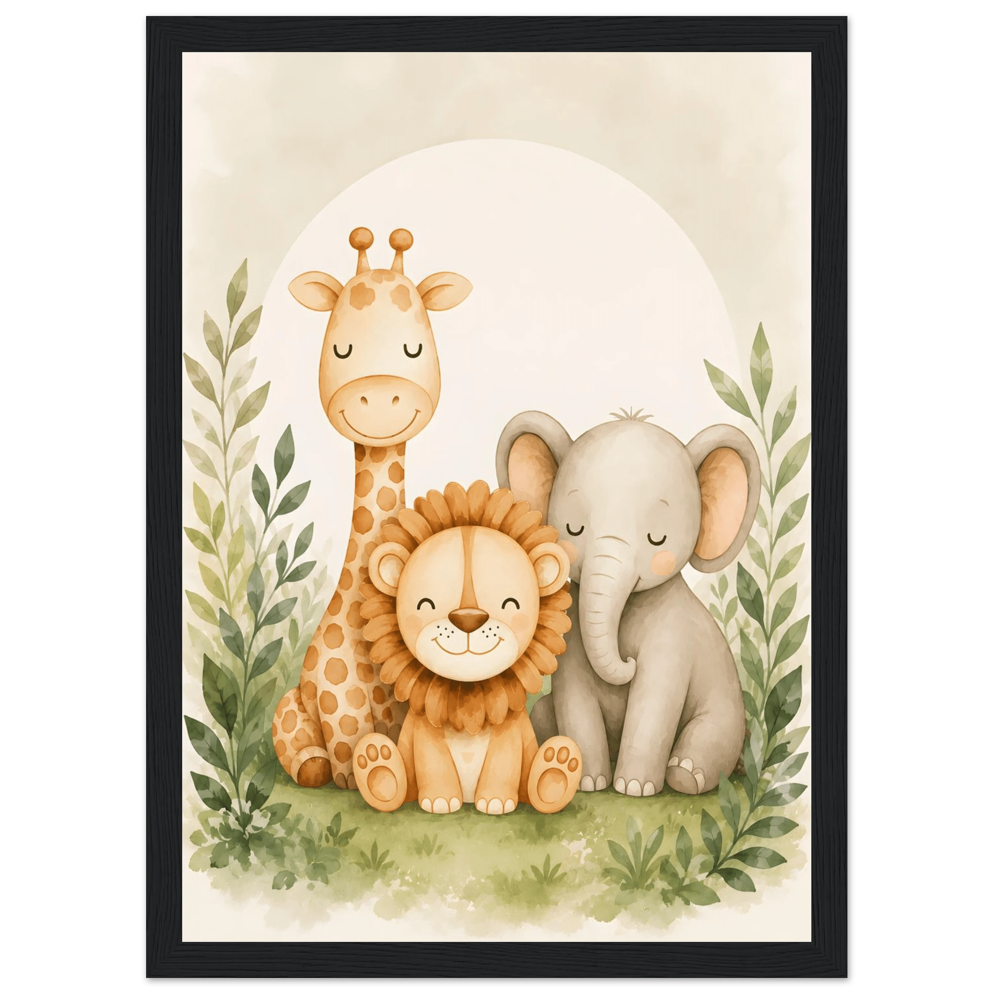Lejon, elefant giraff poster-21x29.7 cm / 8x12" / Med ram / Svart