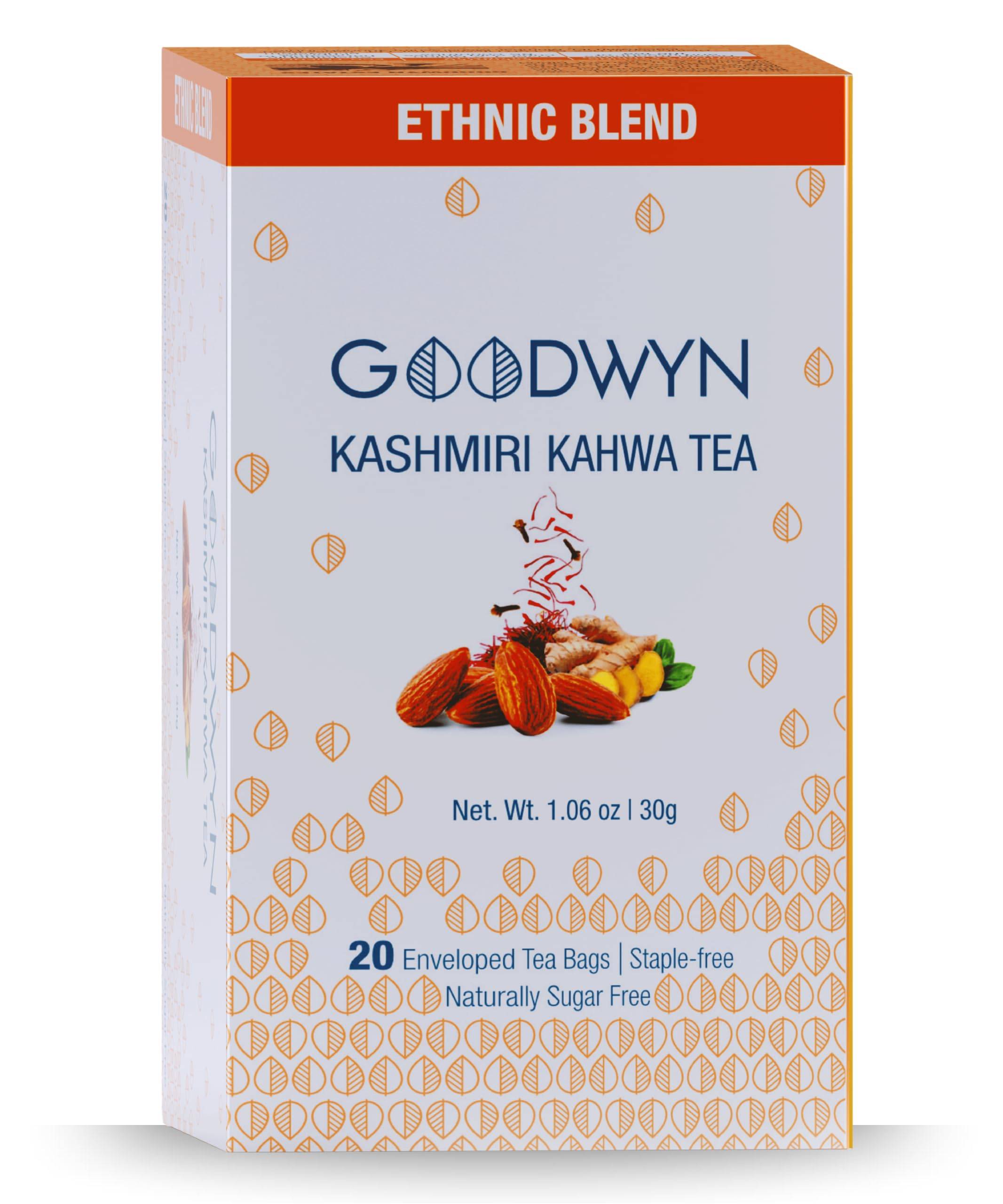 Goodwyn Kashmiri Kahwa Green Tea (20 Tea Bags) | Authentic Herbal Qawah with Saffron, Almonds & Spices | Low Caffeine Herbal Tea | Non Bitt