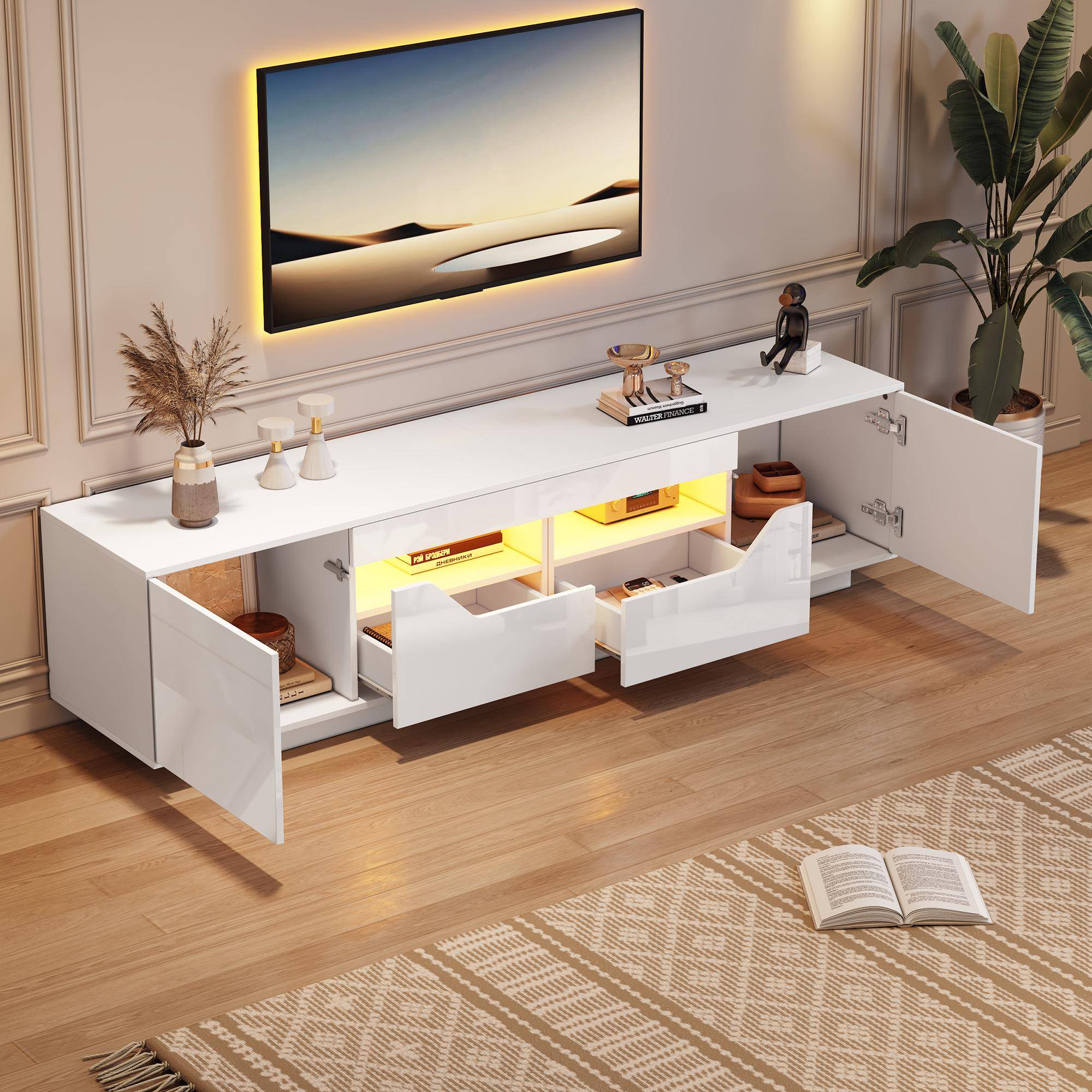 High-Gloss TV Entertainment Centre with App-Controlled LED Lighting, Modern TV Stand with Multi-Zone Storage, 180L x 40W x 45H cm, White Aosom UK