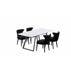 Toga Oxford LUX Dining Set - Toga Extendable White Dining Table w/ a Set of 4 Oxford LUX Velvet Dining Chairs - Dark Grey