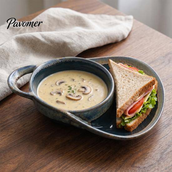 Snack And Dip Dish Ceramic Soup Bowl with Handle, 2-in-1 Divided & Sandwich Plate, Cereal Compartment Microwave Dishwasher Safe Breakfast Tray, Retro