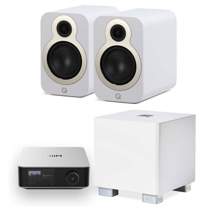 WiiM Amp Ultra + Q Acoustics 3020C + REL T5/x – Premium 2.1-stereopaket