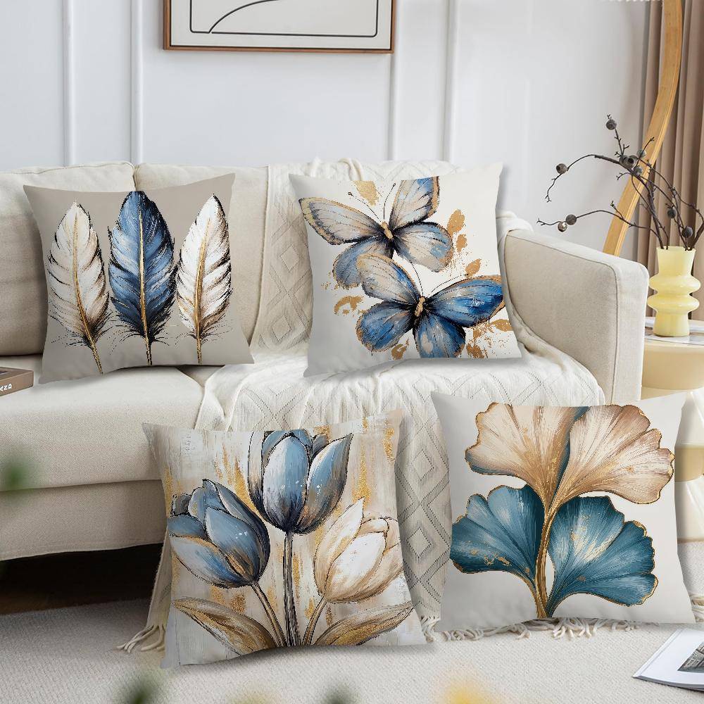 Blå och Vit Blommig och Fjäder Konst Kuddfodral För Kudde Tryck Soffa Dekoration Hem Bil Rum Kontor Nordisk Enkelhet