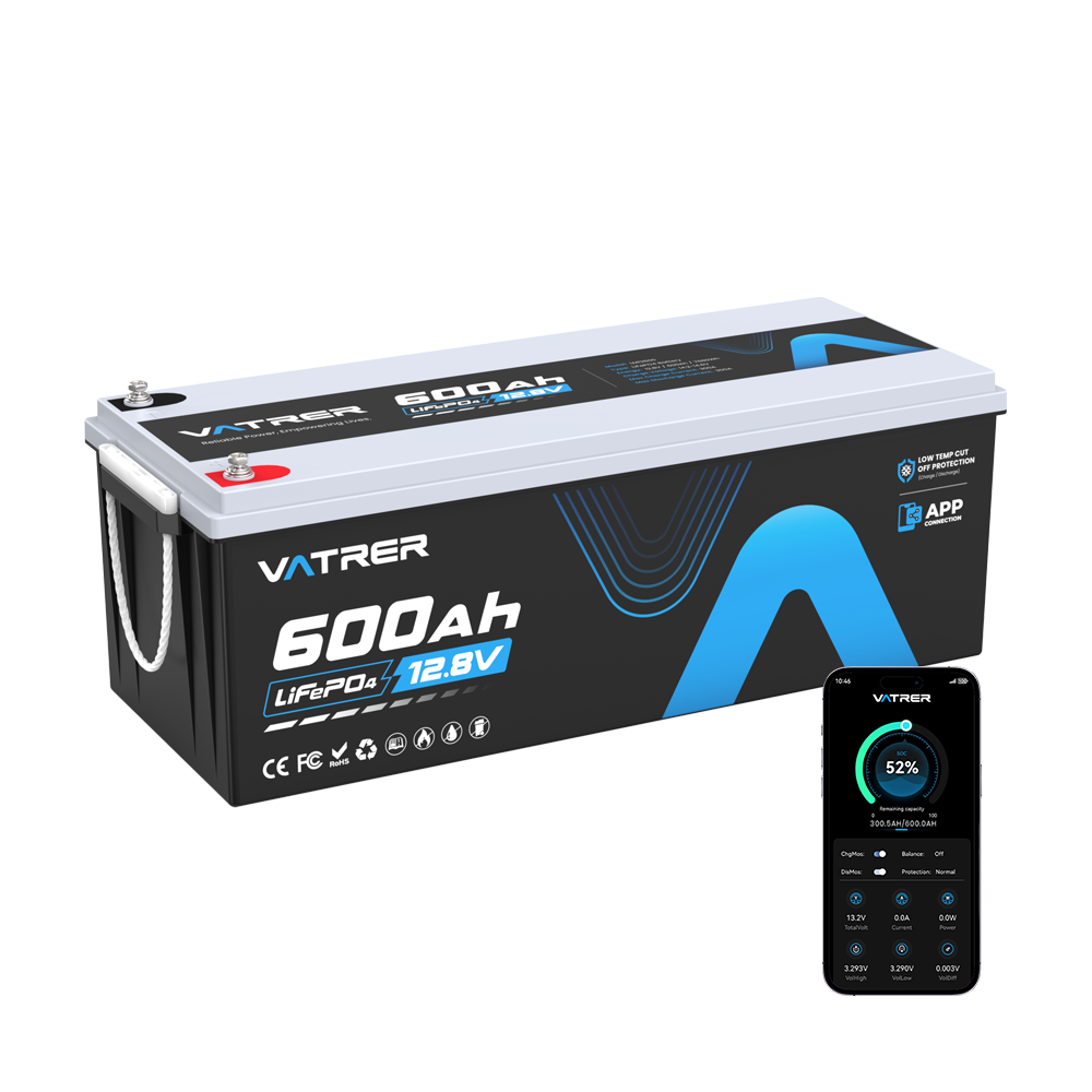 Vatrer 12V 600Ah Bluetooth Lithium Battery for RVs, Vans, 5th Wheel, Off-Grid - 4 PACK
