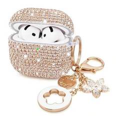 1 st glittrande stjärndubbade hörlursfodral, glänsande hårdskal PC-skyddande telefonfodral med nyckelring kompatibel med Apple 1/2/3/Pro/Pro 2, kvinno - champagne guld (AirPods1/2,AirPods Pro,AirPods 3,AirPods Pro (2nd generation),AirPods 4)