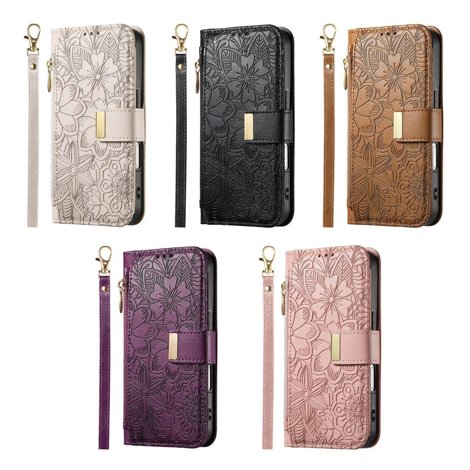 Blommig Präglad Läderplånbok Fodral med Lock för Motorola Moto G05 G15 Power G75 G85 G56 G86 G57 G67 G77 5G med Handledsrem