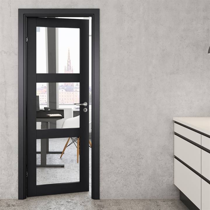 Sort massiv glasdør med 3 kvadrater M9x20,5 med skjulte hængsler - Safco Doors