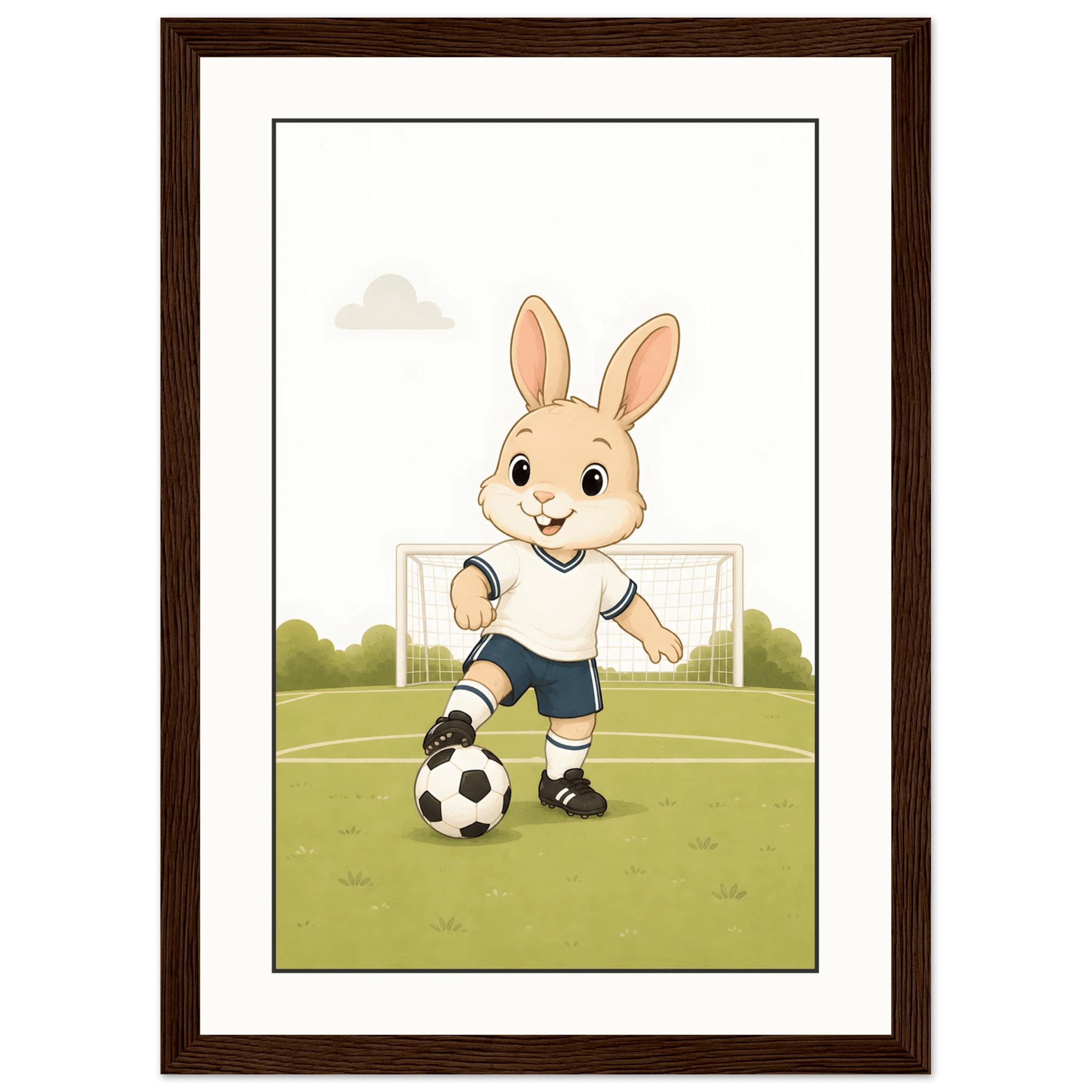 Kanin spelar fotboll-21x29.7 cm / 8x12" / Med ram / Mörkt trä