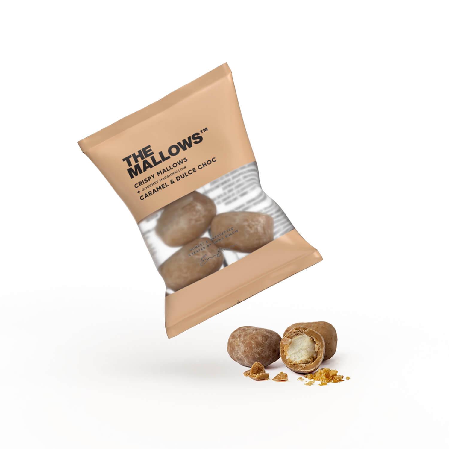 CRISPY MALLOWS FLOWPACKS– MARSHMALLOWS WITH CARAMEL & DULCE CHOKOLADE 6G 10-pcs.