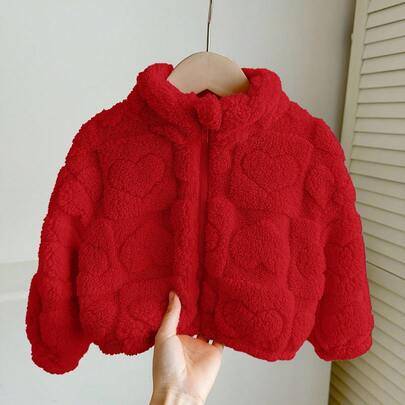 LMoss söt och avslappnad pälsjacka med ståkrage och hjärtmönster för babyflicka, perfekt för höst och vinter - Röd (6-9M,9-12M,12-18M,18-24M,2-3Y,3-6M)