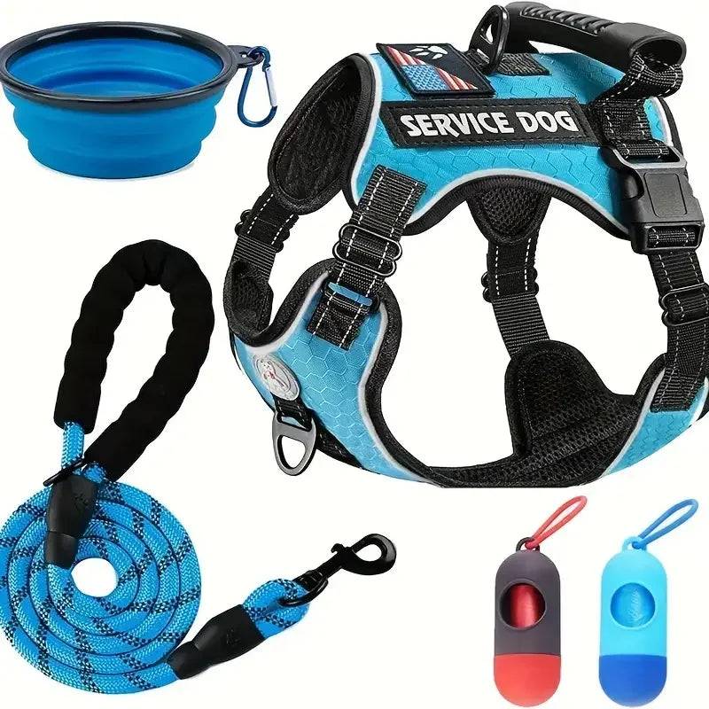Dog Harness Set — Chest Vest, Shock-Absorbing Lead, Folding Bowl & Waste Bags - Blue / S (S)