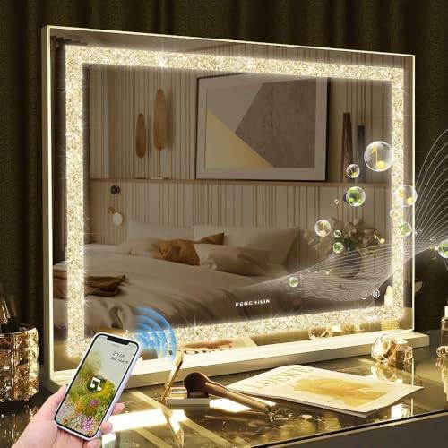 FENCHILIN Bluetooth Hollywood-spegel, 80 x 60 cm, sminkspegel med belysning, krossad diamant, kristall, sminkspegel med högtalare, stor LED-spegel, 3 dimbara ljusfärger, USB-port, vit