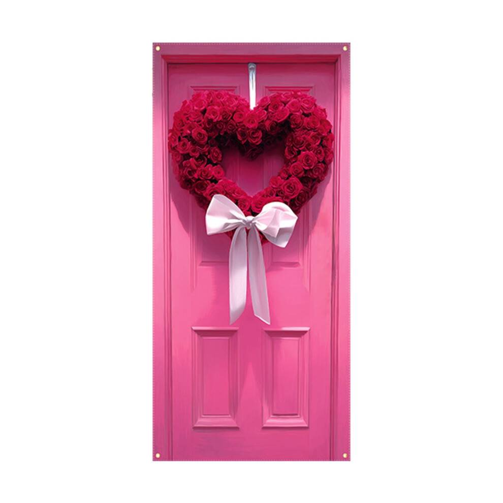 Valentinsdagsdørbeklædning 180x90 cm, hjerte- og rosenblomsterbanner til hoveddør – Indendørs/udendørs festbaggrund, kærlighedstemadekoration