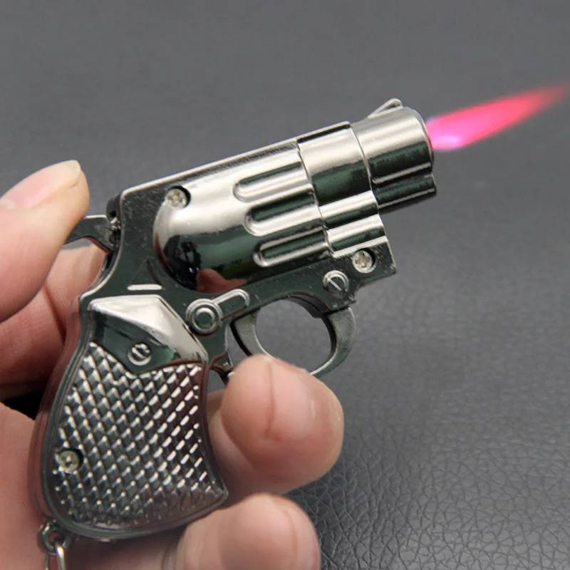 Cool Mini Pistol Lighter Revolver Gas Inflatable Jet Flame Windproof Lighters Metal Keychain Pendant Lighter Gun Cigarrette Gift
