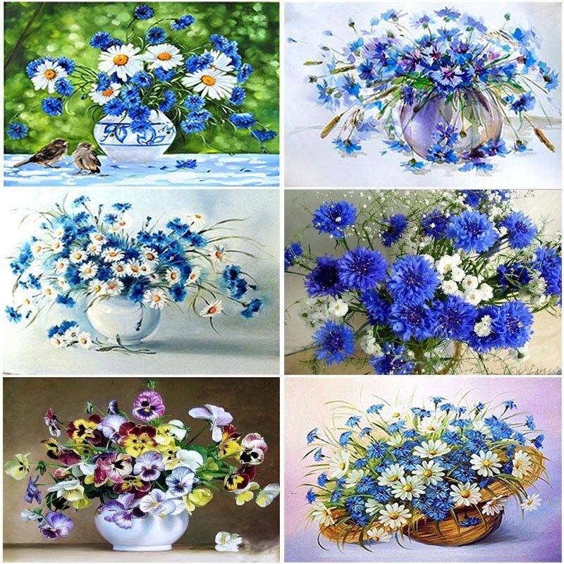 Blomma DIY 5D diamantmålning hel rund diamantbroderi blå blåklint mosaik korsstygnskorg strass dekor