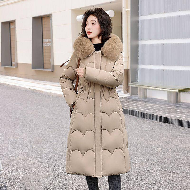 Dunkappa för kvinnor, Förtjockad päls krage, Knälång lös vinterkappa i koreansk stil, Lång ny bomullsjacka XL