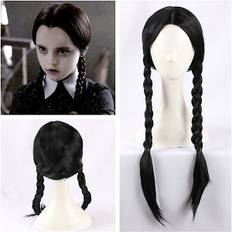 Wednesday Addams Paryk med Parykhætte Sorte Parykker til Wednesday Kostume Lang Sort Flettet Paryk Fletninger Parykker til Addams Fest