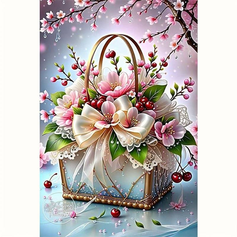 1pc Cherry Diamond Painting Exquisite Handheld Basket Floral Pattern 3d Stereoscopic Decorative Painting Home Art Hanging Painting Halloween Christmas Gift, Family Gift For Mom