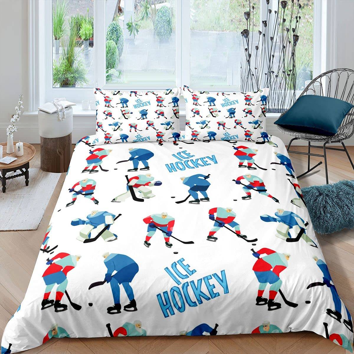 Ishockey Påslakanset Pojkar Puck King Size Sportspel Tema Sängklädesset För Barn Ungdom Vuxen Män Vinter Match Täcke 150x200cm 3pcs