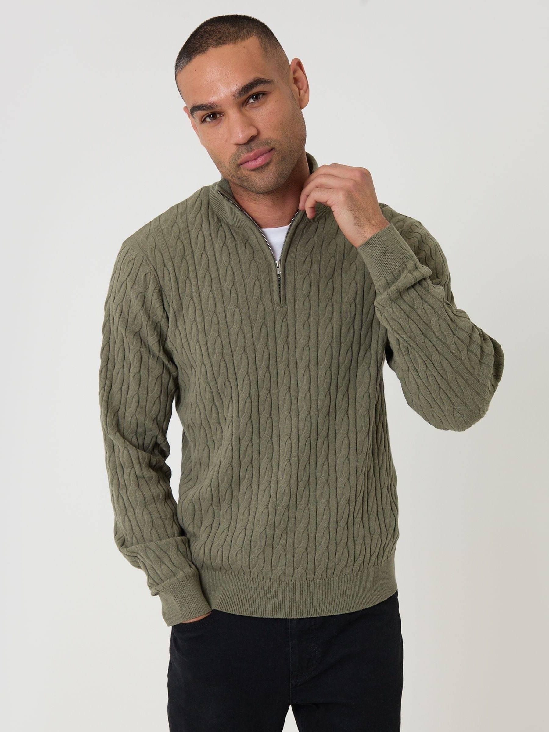 Threadbare Threadbare Green Cable Knit Quarter Zip Jumper