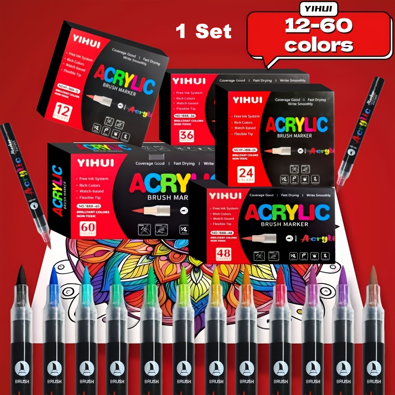 12/24/36/48/60 Colors Acrylic Paint Pens Markers Brush Tip Paint Markers For Rock Painting Wood Stone Glass Gift DIY Crafts
