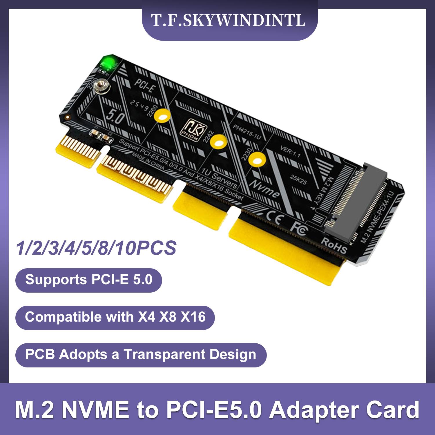 M.2 NVME to PCI-E5.0 Adapter Card PCI-E 5.0 4X to M.2 NGFF M-Key Expansion Card  For 2230-2280 M2 NVME SSD Support 1U Server