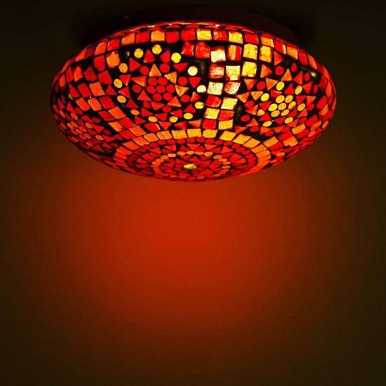 Glasmosaik LED Rund Taklampa, Röd Vit för Hem Bar Restaurang Café Dekoration,