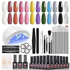 Shellac Set startset med lampa 48 W, TopDirect 12 färger gel nagellack med bas Top Coat 5 i 1 självhäftande gel manikyrset gel nagelpolish kit gelnaglar startset naglar gör-det-själv present för