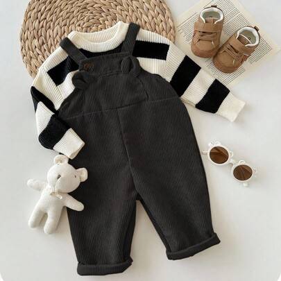 Nyfödd pojke/flicka Casual Söt djurörondesign manchesteroverallbyxor, mångsidig koreansk stil - Svart (6-9M,9-12M,12-18M,18-24M,2-3Y,0-1M,1-3M,3-6M)