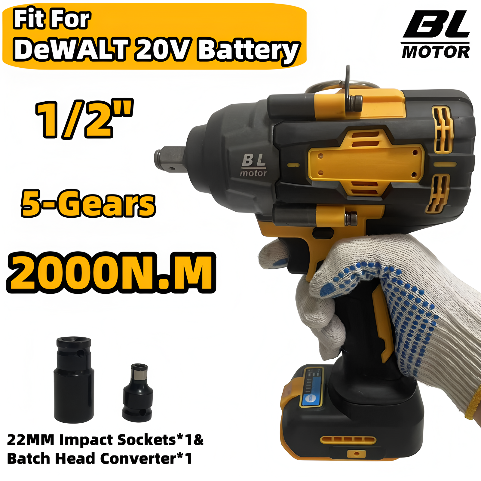 For DeWALT 20V Battery 2000N.M Brushless Impact Wrench High Torque 1/2" Impact Driver Electric Home Car Repair Power Tools