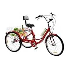AOAPUMM vikbar trehjuling för vuxna 24 tums cykel 3-hjul trehjuling 7-växlad med inköpskorg trehjuling för vuxna, seniorer, kvinnor (rosa)