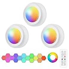 Vicloon Skåplampor, 3 st LED-lampor under skåp, 6000K dimbara batteridrivna pucklampor med fjärrkontroll,flerfärgade, fest, atmosfär, trådlösa LED-lampor för köksgarderob