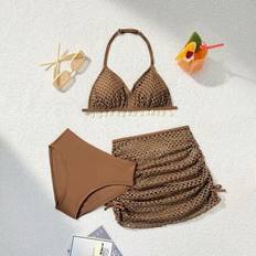 Tween Girls Fashion Shell Brun Bikini Set med Ruffel Beach Cover Up - Kaffebrun (8Y,9Y,10Y,11Y,12Y)