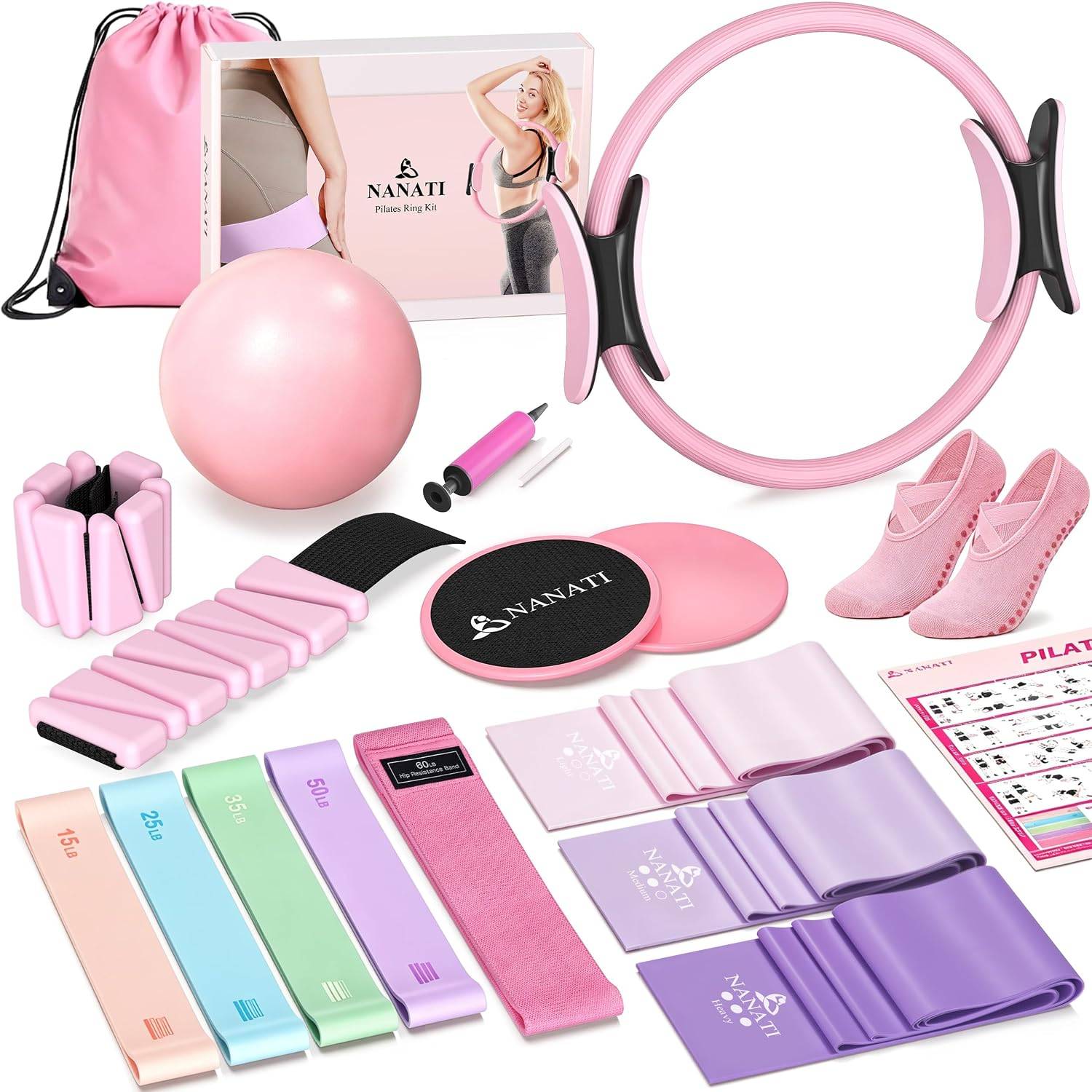 Pilates Kit for Women - Home Workout Set with 14.5  Ring, Ball, Resistance Bands, Ankle Weights, Sliders & Grip Socks