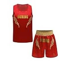 Yruioon barn pojkar boxning kläder muay thai boxning shorts + linne kickboxing kläder barn träningsoverall kampsport MMA kick boxning set, röd, 170-176