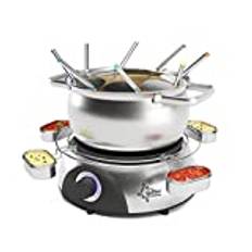 SUNTEC Fondue elektrisk för upp till 8 personer – Set med gafflar + stänkskydd + sås hållare – Som alternativ till raclette – Gryta för ost + choklad + fett – Rostfritt stål Fondueset FON-8014 V2A