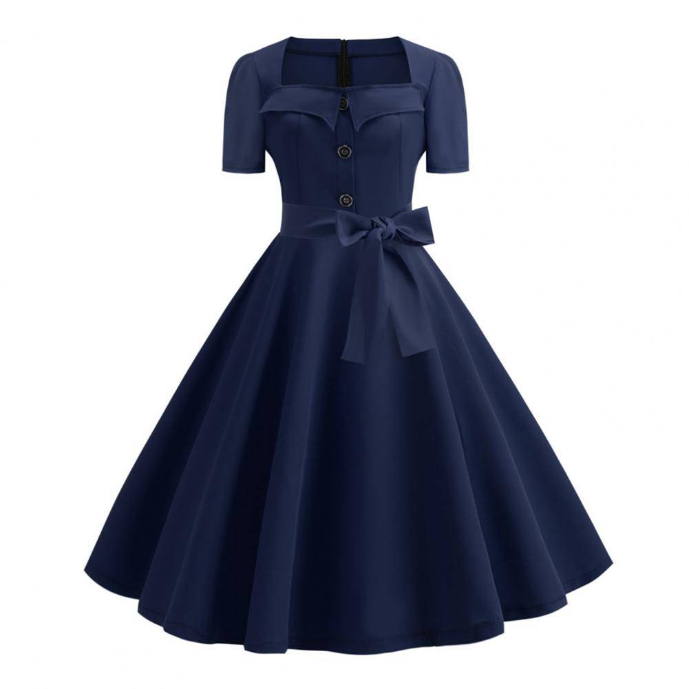 Damklänning Fyrkantig Hals Kort Ärm Retro 1950-tal A-linje Stor Fåll Knappdekor Prickigt Tryck Färgmatchning Mellanhög Midja Bältad Rosettdekor XXL marinblå färg