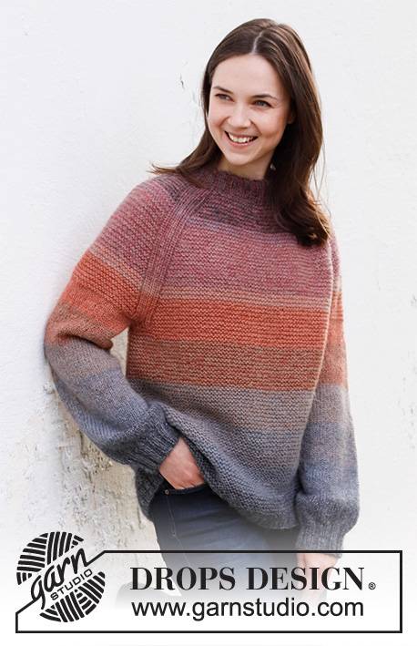 217-26 Sunsets Glow Jumper by DROPS Design DOWNLOAD OPSKRIFTEN HER Strikket bluse i DROPS Alpaca og DROPS Kid-Silk. Arbejdet strikkes ovenfra og ned med dobbelt halskant, raglan, retstrik og striber. Størrelse S - XXXL. Pinde og tilbehør lægges i kurven separat. Se alle opskrifter fra DROPS her. ..