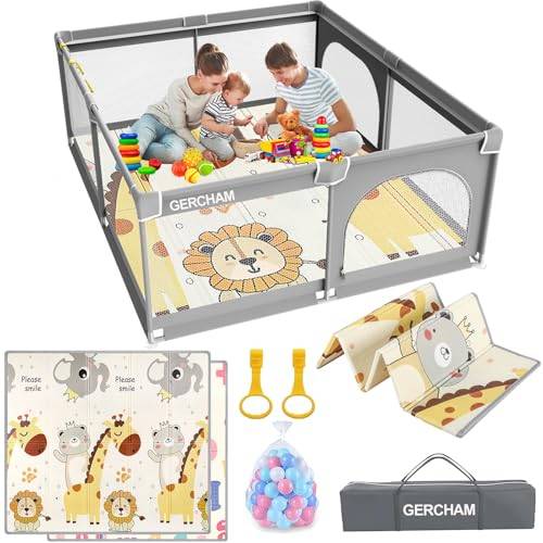 GERCHAM Parc Bebe Baby lekhage med lekmatta,150x180cm Stor XXL babylekhage,Bärbar lekplats med säkerhetsstängsel Lämplig för barnaktiviteter inomhus och utomhus