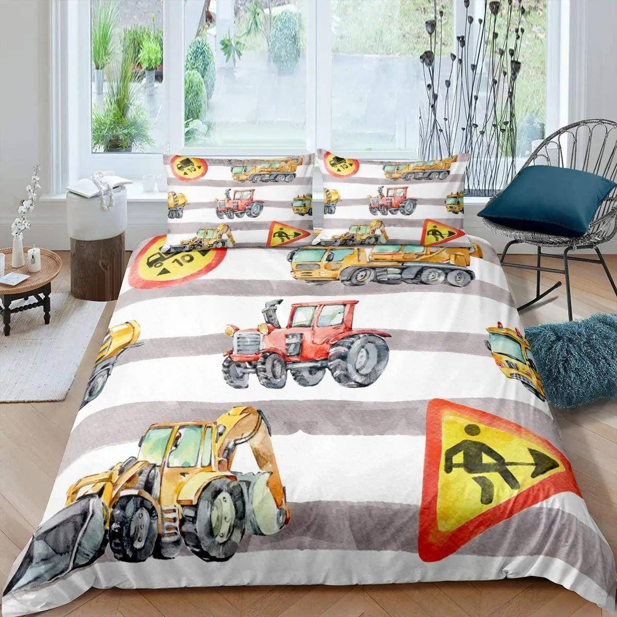 Grävmaskin Kung Drottning Påslakan Tecknad Byggbil Sängklädesset för Barn Pojkar Flickor Traktor 2/3 st Polyester Täcke